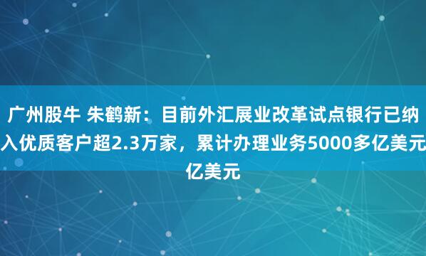 广州股牛 朱鹤新：目前外汇展业改革试点银行已纳入优质客户超2.3万家，累计办理业务5000多亿美元
