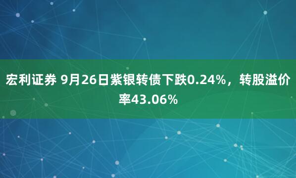 宏利证券 9月26日紫银转债下跌0.24%，转股溢价率43.06%