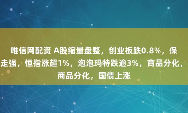 唯信网配资 A股缩量盘整，创业板跌0.8%，保险、银行走强，恒指涨超1%，泡泡玛特跌逾3%，商品分化，国债上涨